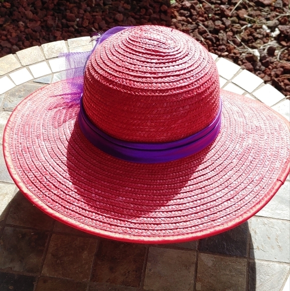 NEW LADIES RED HAT SOCIETY STRAW BRIM HAT WITH PURPLE BOW - Picture 10 of 10